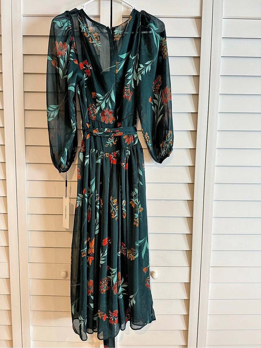 Calvin Klein Long Sleeve Floral Chiffon Self Tie Midi Dress Black & Green Size 8